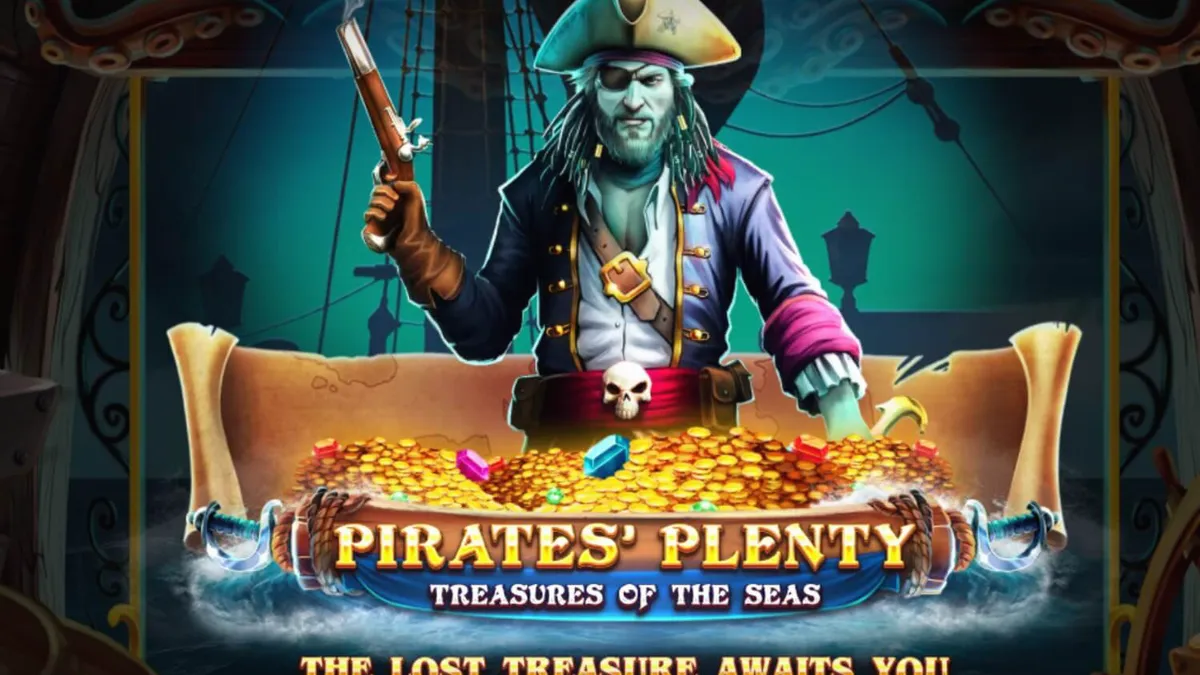 Navio pirata navegando em mares tempestuosos com elementos de tesouro
