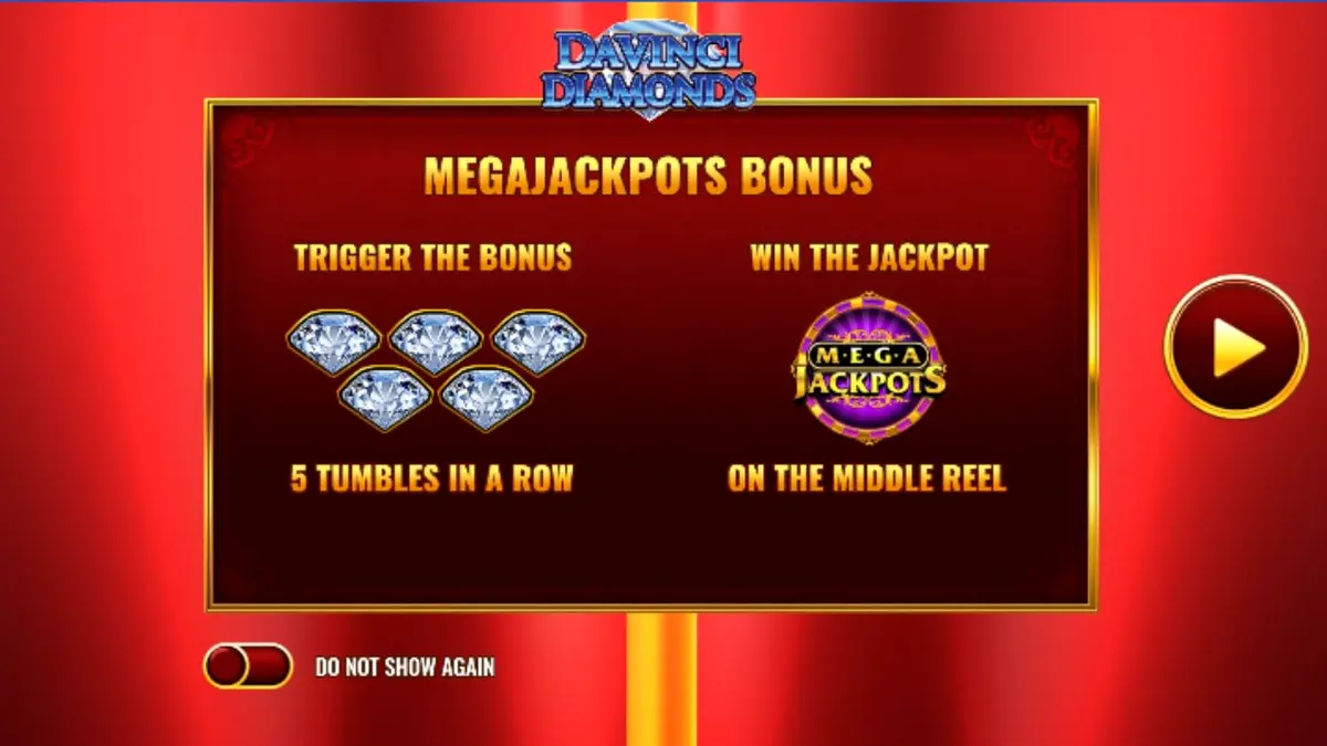 Interface do jogo de slot Mega Jackpot DaVinci Diamonds com gemas e arte clássica
