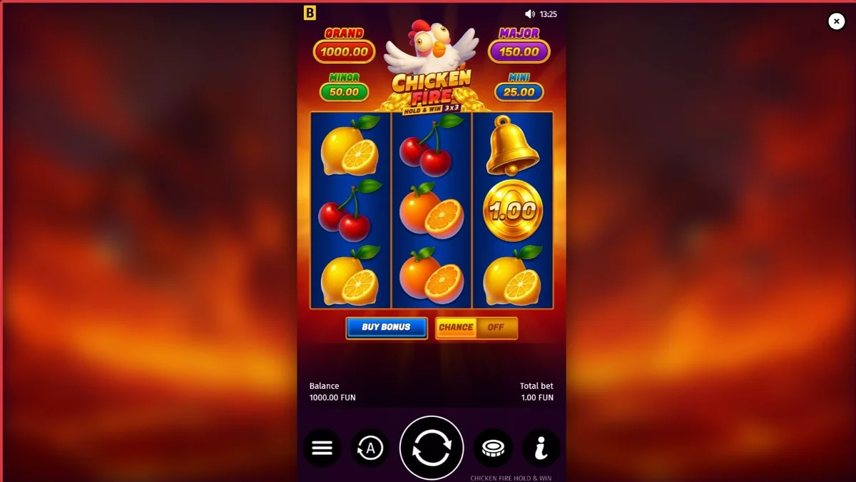 Interface do slot Chicken Fire com tema de fazenda e frutas