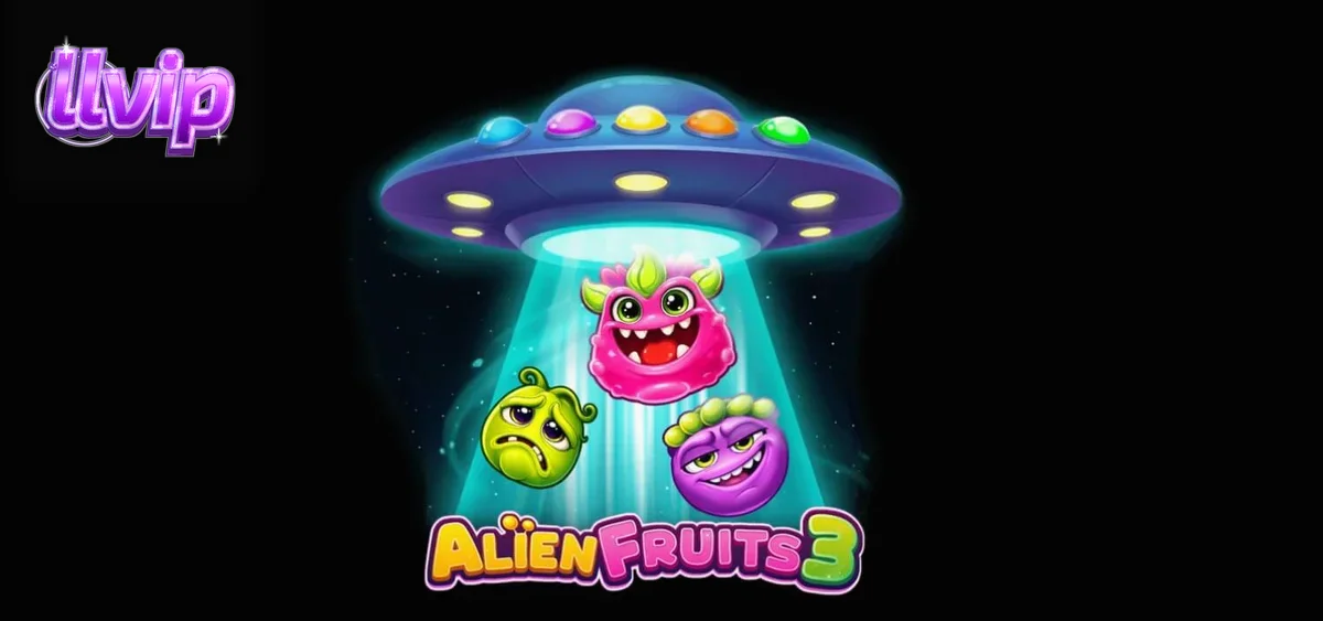 Interface do jogo de slot Alien Fruits 3 com elementos espaciais e frutas neon